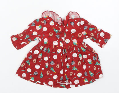 Matalan Girls Red  Cotton Skater Dress  Size Newborn  Round Neck Pullover - Christmas Prints