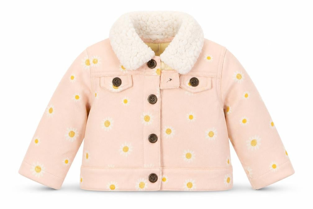 Front view of Just Lizzy girls’ pink floral jacket, size 6-9, months button