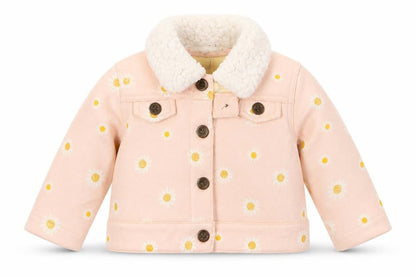 Front view of Just Lizzy girls’ pink floral jacket, size 6-9, months button