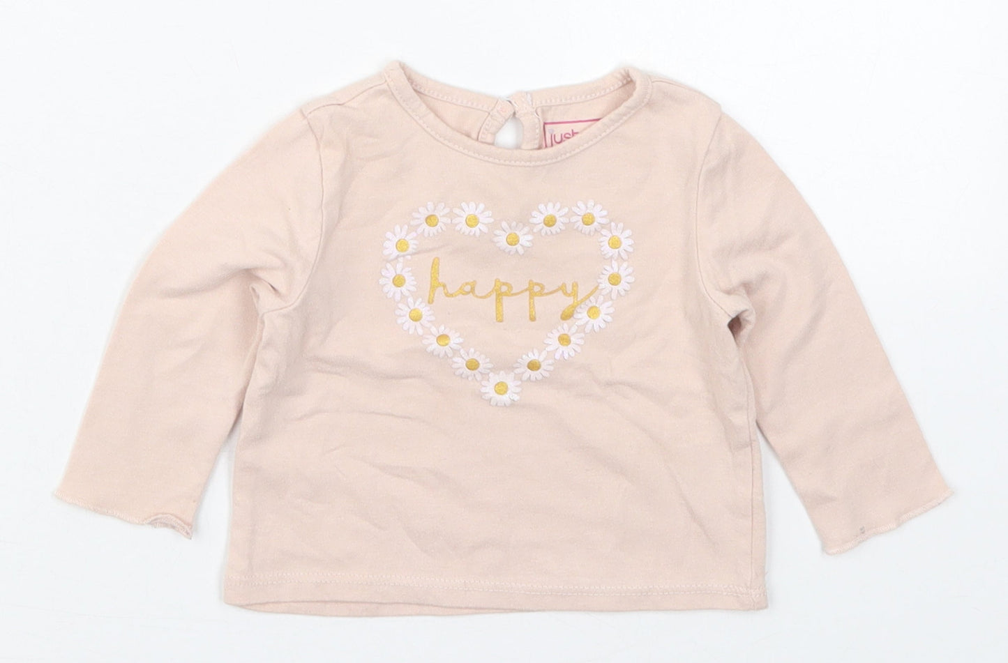 Just Lizzy Girls Pink  Cotton Basic T-Shirt Size 6-9 Months Round Neck Pullover - Happy