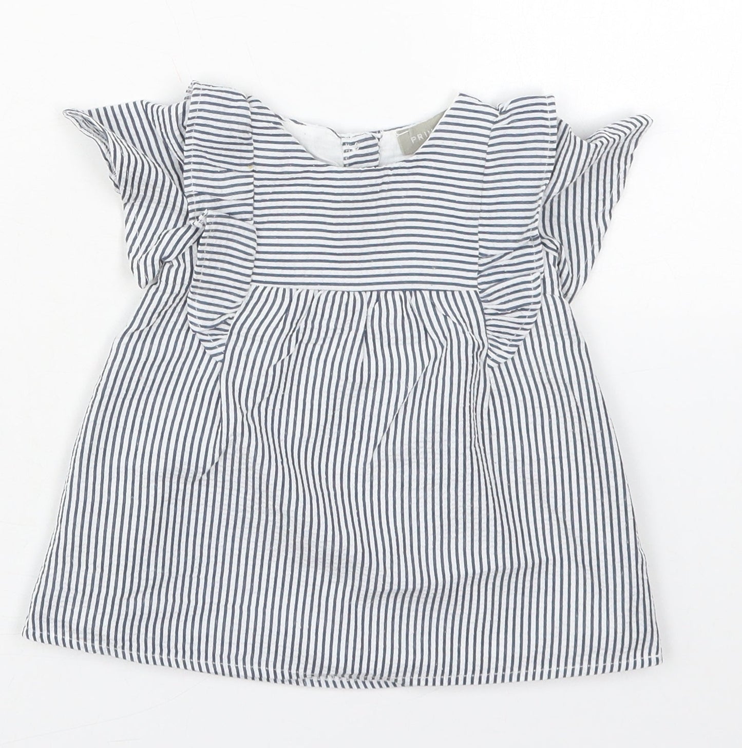 Primark Girls Blue Striped Cotton A-Line  Size 0-3 Months  Round Neck Button