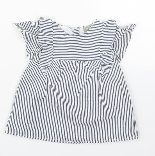 Primark Girls Blue Striped Cotton A-Line  Size 0-3 Months  Round Neck Button