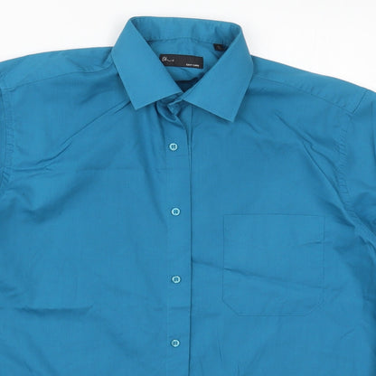 Mens UK Size 16 BHS Blue  Button-Up Short Sleeve Casual Shirt