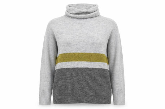 Front view of Tu women’s grey roll neck striped acrylic jumper, size UK 10