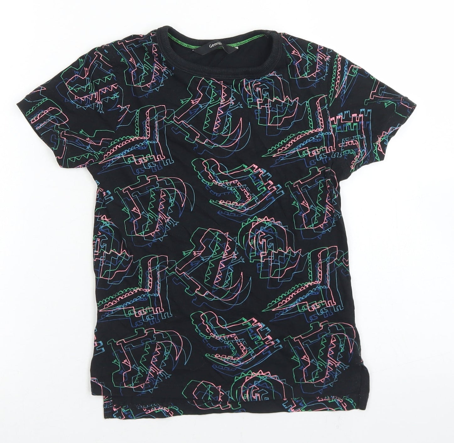 George Boys Black Geometric Cotton Basic T-Shirt Size 5-6 Years Crew Neck  - Dinosaurs
