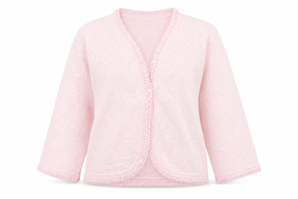 Front view of Lux Lux women’s pink v-neck acrylic cardigan jumper, size S