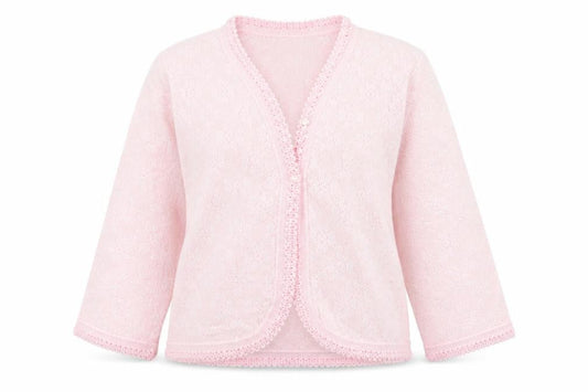 Front view of Lux Lux women’s pink v-neck acrylic cardigan jumper, size S