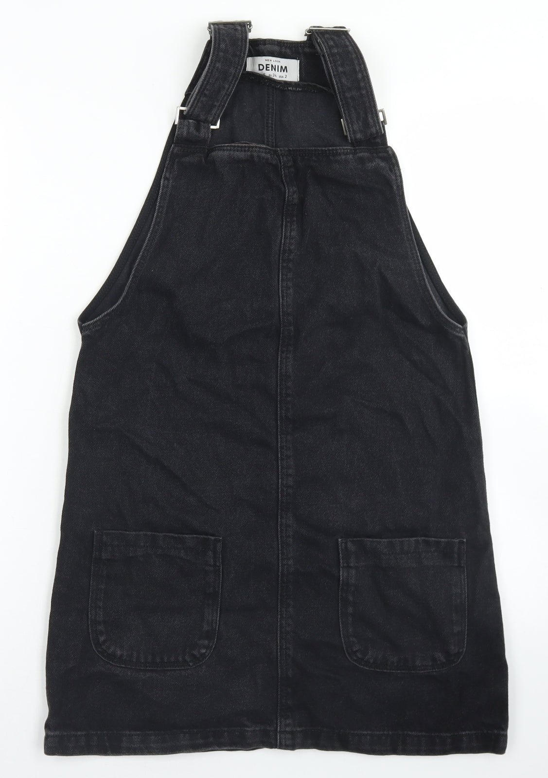 New Look Womens Black  Cotton Pinafore/Dungaree Dress  Size 6  Square Neck Button