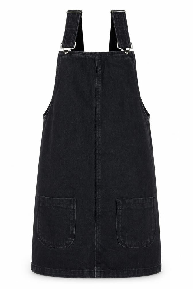 Front view of New Look women’s black cotton pinafore/dungaree dress, size UK 6, square neck button