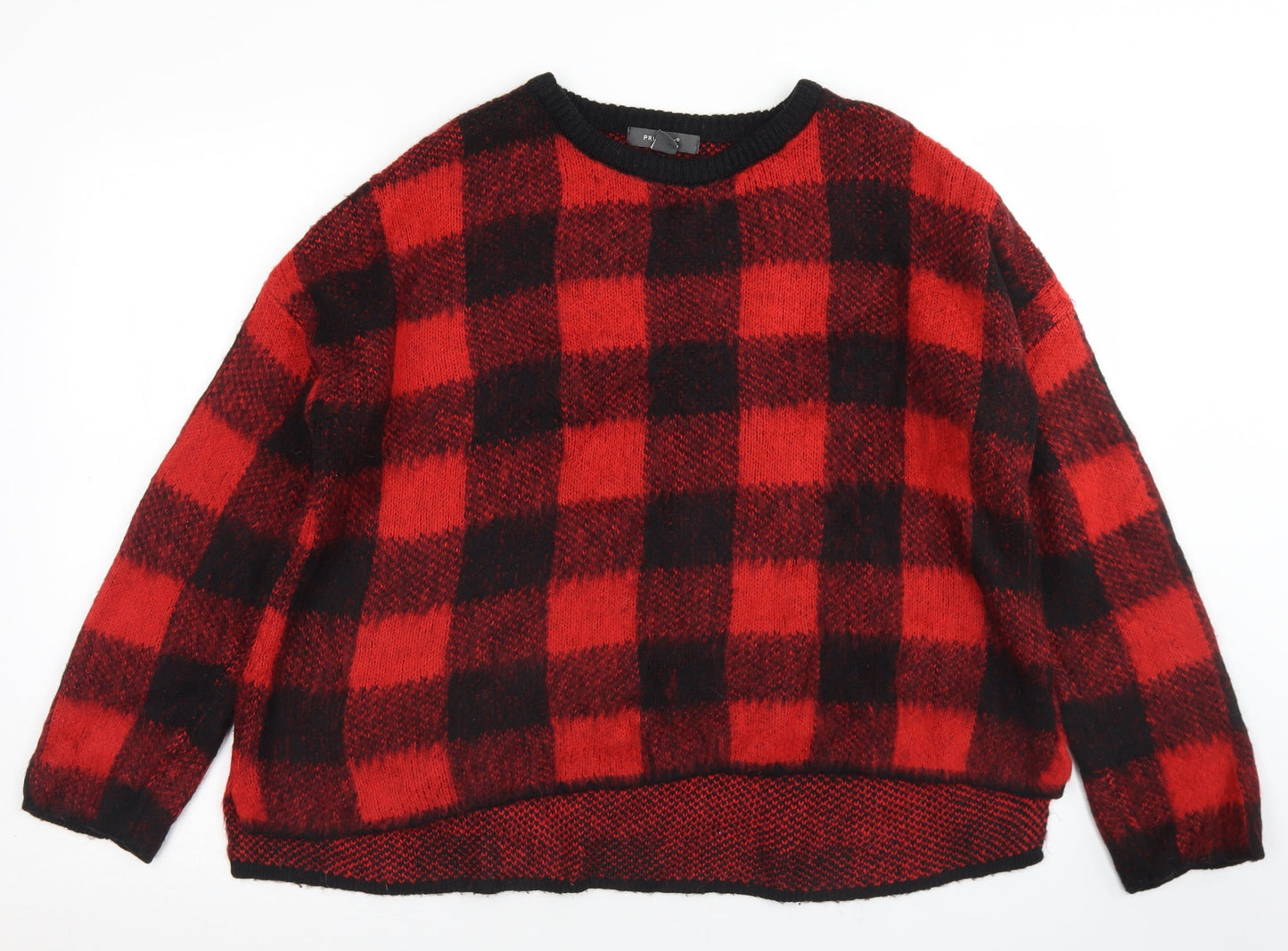 Primark Womens Red Crew Neck Check Acrylic Pullover Jumper Size S