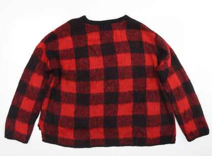 Primark Womens Red Crew Neck Check Acrylic Pullover Jumper Size S