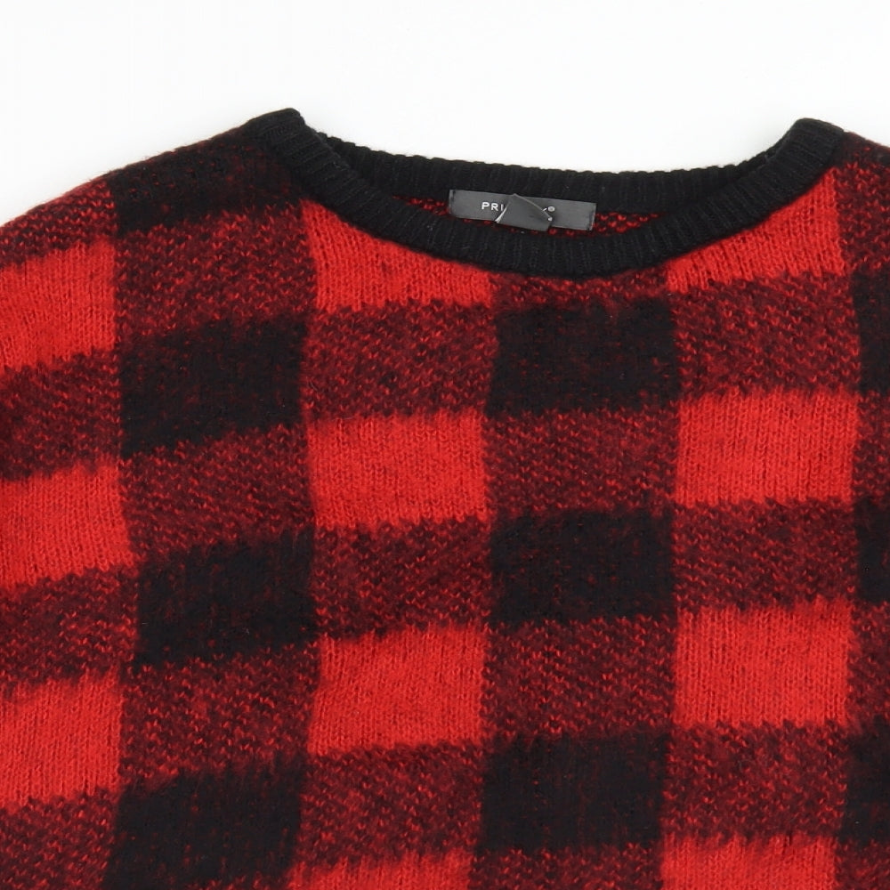 Primark Womens Red Crew Neck Check Acrylic Pullover Jumper Size S
