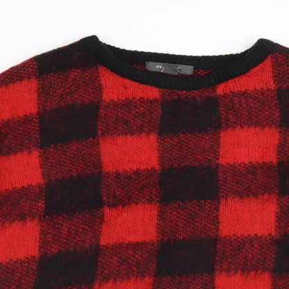 Primark Womens Red Crew Neck Check Acrylic Pullover Jumper Size S