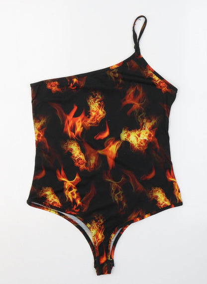 PRETTYLITTLETHING Womens Black Geometric Polyester Bodysuit One-Piece Size 10  Button