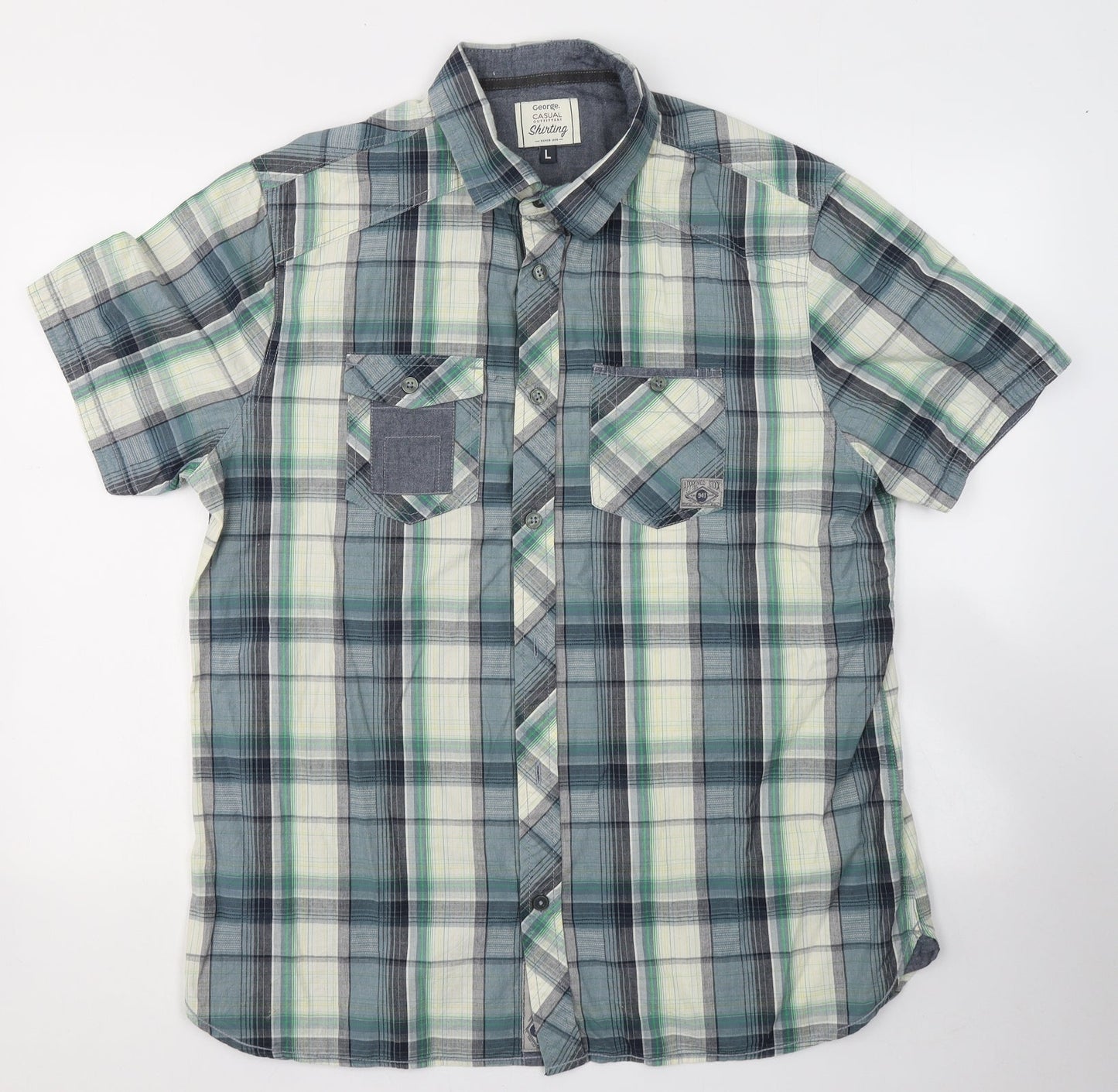 George Mens Green Plaid Cotton  Button-Up Size L Collared Button