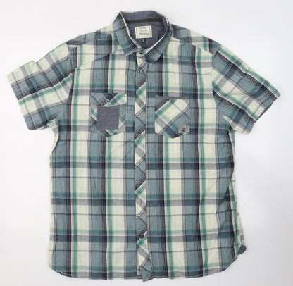 George Mens Green Plaid Cotton  Button-Up Size L Collared Button