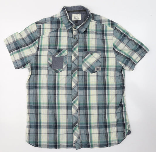 George Mens Green Plaid Cotton  Button-Up Size L Collared Button