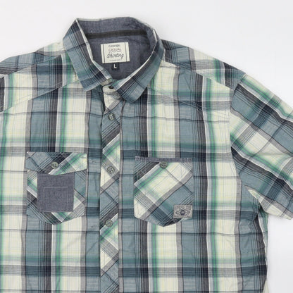 George Mens Green Plaid Cotton  Button-Up Size L Collared Button