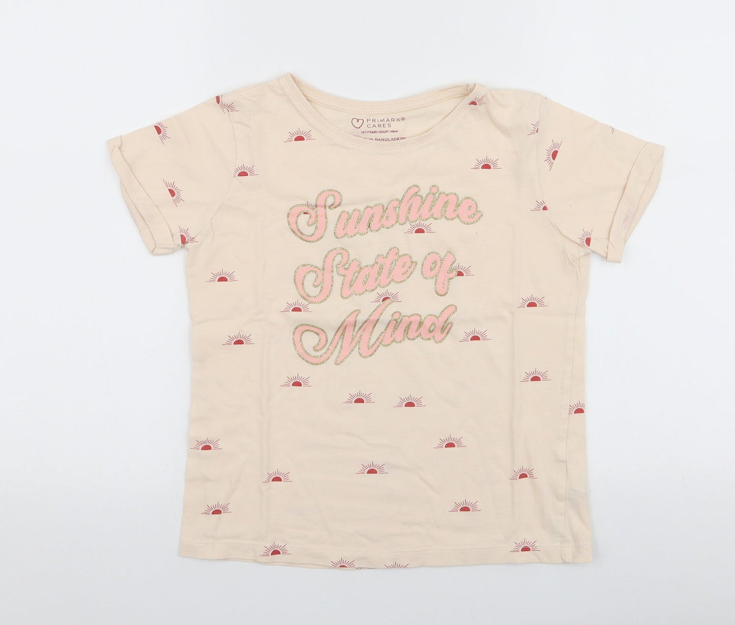 Primark Girls Beige  100% Cotton Jersey T-Shirt Size 10-11 Years Round Neck Pullover - Sunshine state of mind