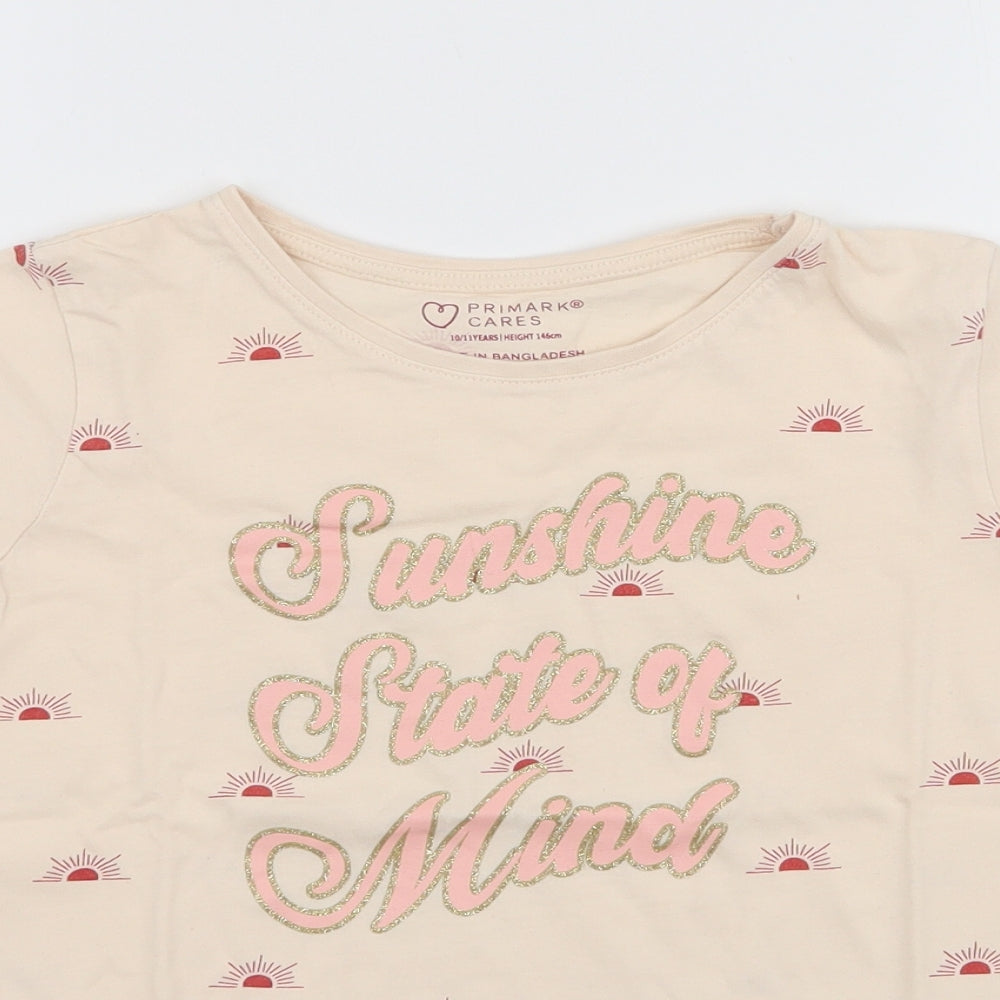 Primark Girls Beige  100% Cotton Jersey T-Shirt Size 10-11 Years Round Neck Pullover - Sunshine state of mind