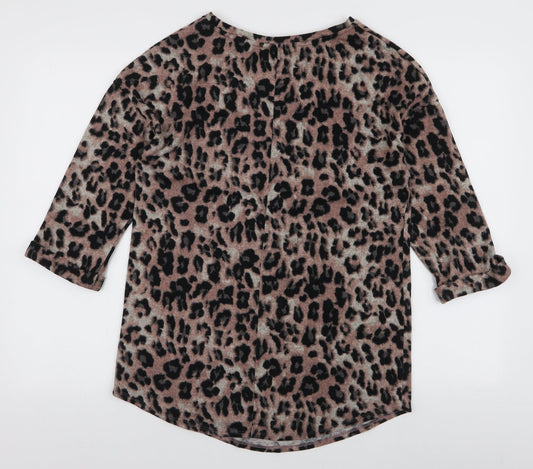 F&F Womens Brown Round Neck Animal Print Polyester Pullover Jumper Size 10