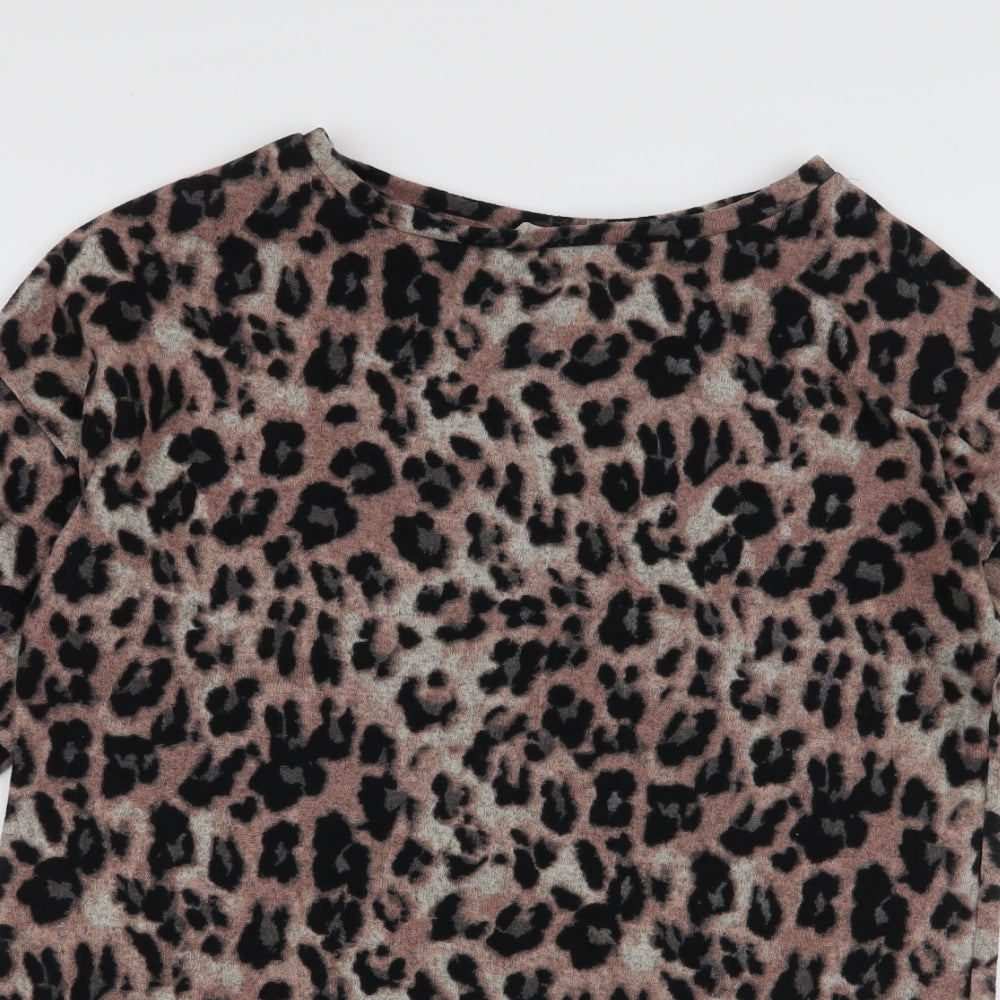 F&F Womens Brown Round Neck Animal Print Polyester Pullover Jumper Size 10