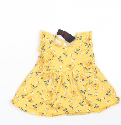 Cynthia Rowley Girls Yellow Floral Cotton T-Shirt Dress  Size 12 Months  Round Neck Button
