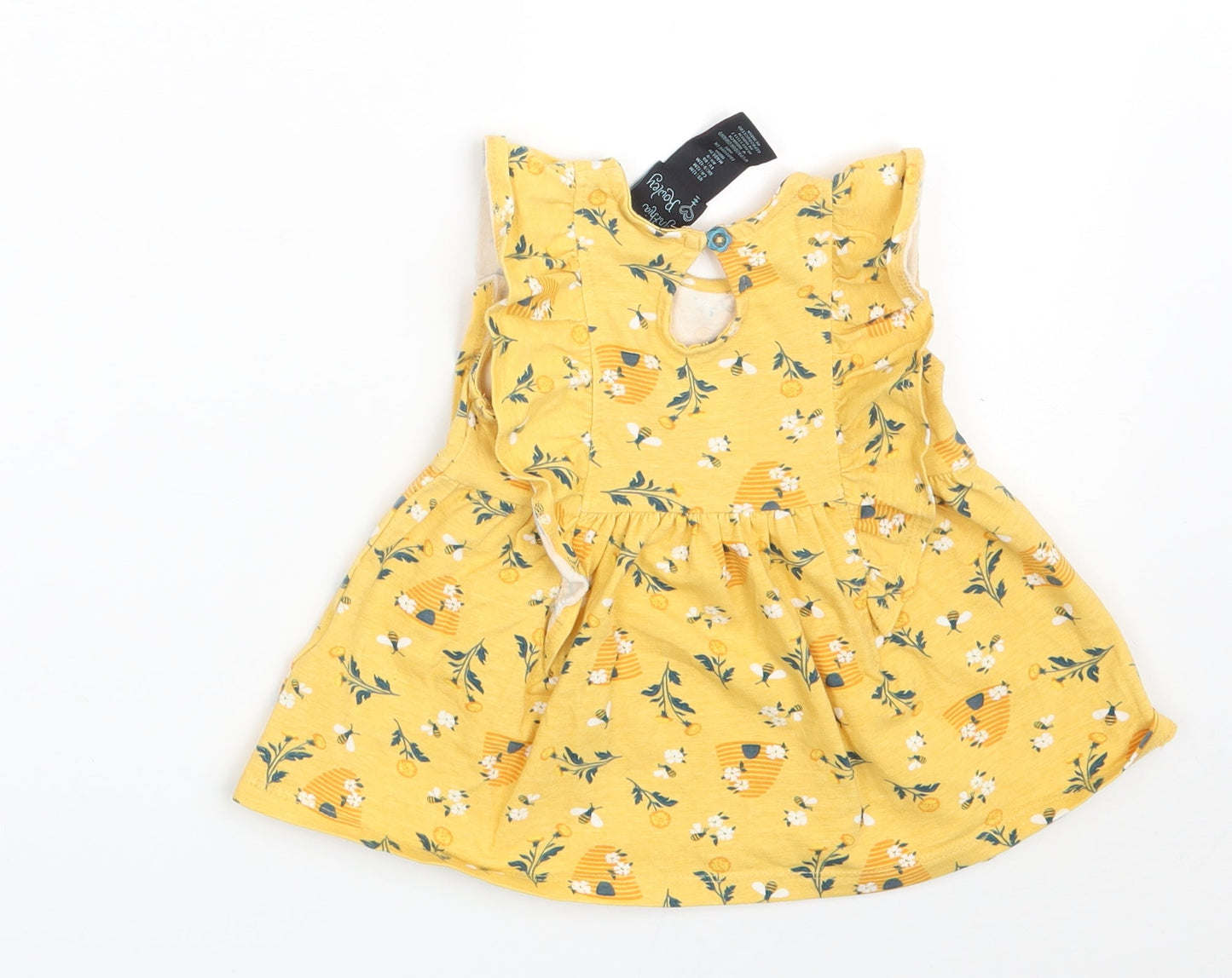 Cynthia Rowley Girls Yellow Floral Cotton T-Shirt Dress  Size 12 Months  Round Neck Button