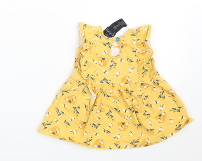 Cynthia Rowley Girls Yellow Floral Cotton T-Shirt Dress  Size 12 Months  Round Neck Button