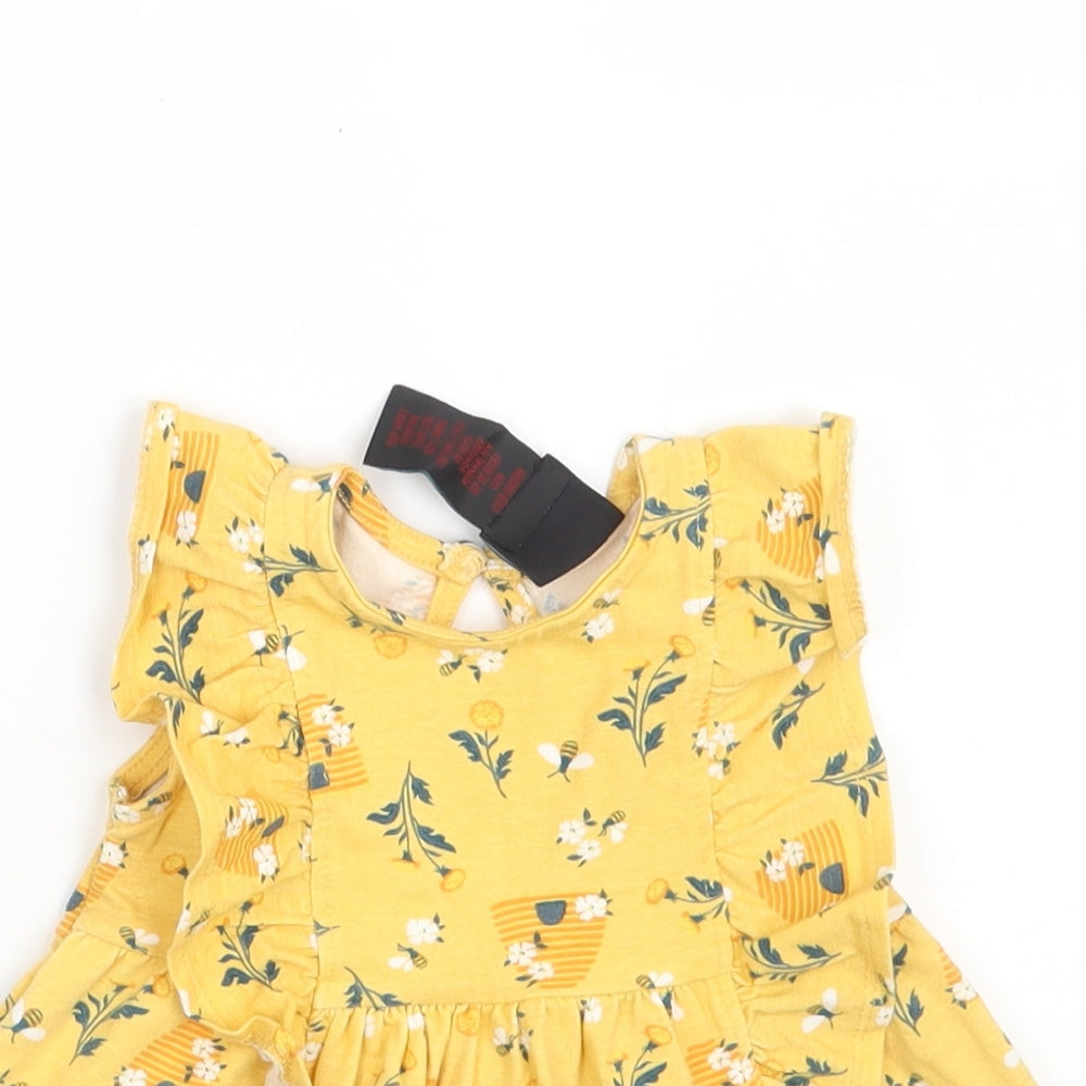 Cynthia Rowley Girls Yellow Floral Cotton T-Shirt Dress  Size 12 Months  Round Neck Button