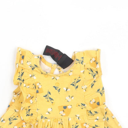 Cynthia Rowley Girls Yellow Floral Cotton T-Shirt Dress  Size 12 Months  Round Neck Button