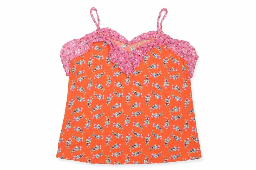 Front view of Next women’s red floral viscose camisole tank, size UK 10, off the shoulder