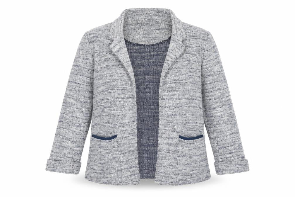 Front view of New Look women’s blue v-neck polyester cardigan jumper, size UK 10