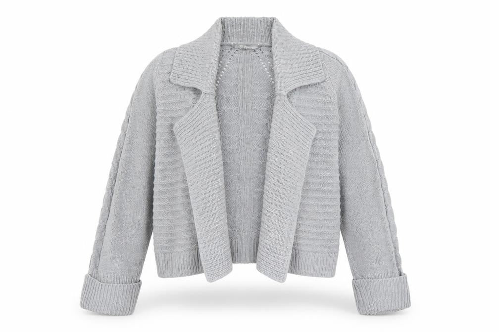 Front view of Marks & Spencer women’s grey collared acrylic cardigan jumper, size UK 14