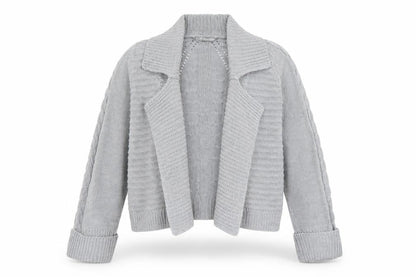 Front view of Marks & Spencer women’s grey collared acrylic cardigan jumper, size UK 14