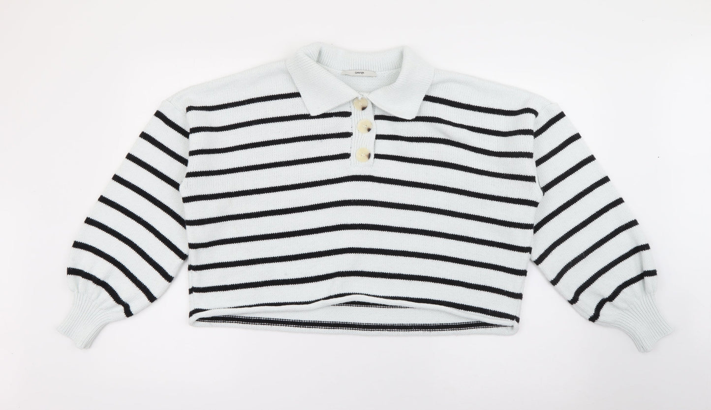 George Womens Blue Collared Striped Acrylic Pullover Jumper Size M