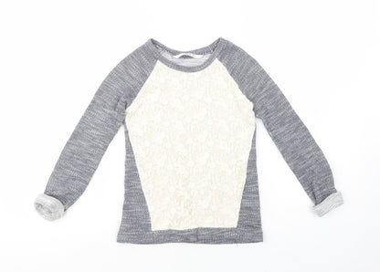 Matalan Girls Grey Crew Neck  Cotton Pullover Jumper Size 6-7 Years  Pullover - Lace Detail