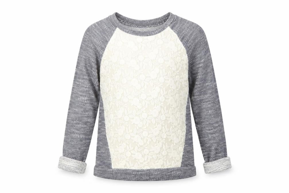 Front view of Matalan girls’ grey crew neck cotton jumper, size 6-7, years pullover - lace detail