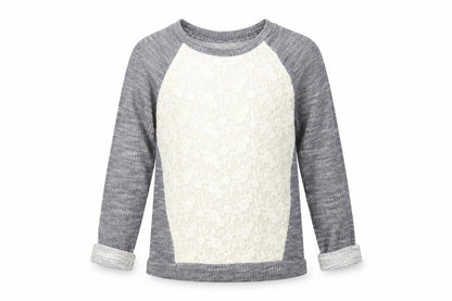 Front view of Matalan girls’ grey crew neck cotton jumper, size 6-7, years pullover - lace detail
