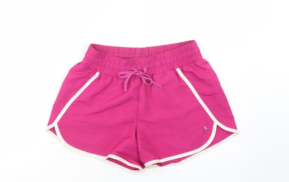 Front view of Danskin women’s purple polyester sweat shorts, size S, 3-inch leg regular drawstring