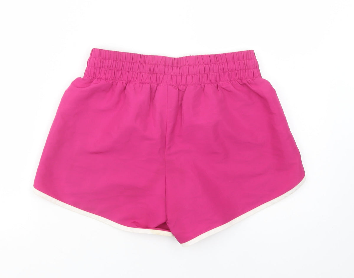 Back view of Danskin women’s purple polyester sweat shorts, size S, 3-inch leg regular drawstring