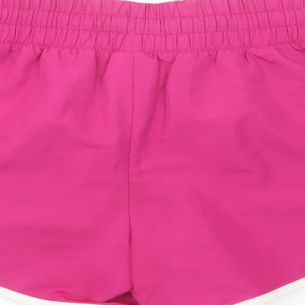Brand and care label for Danskin women’s purple polyester sweat shorts, size S, 3-inch leg regular drawstring