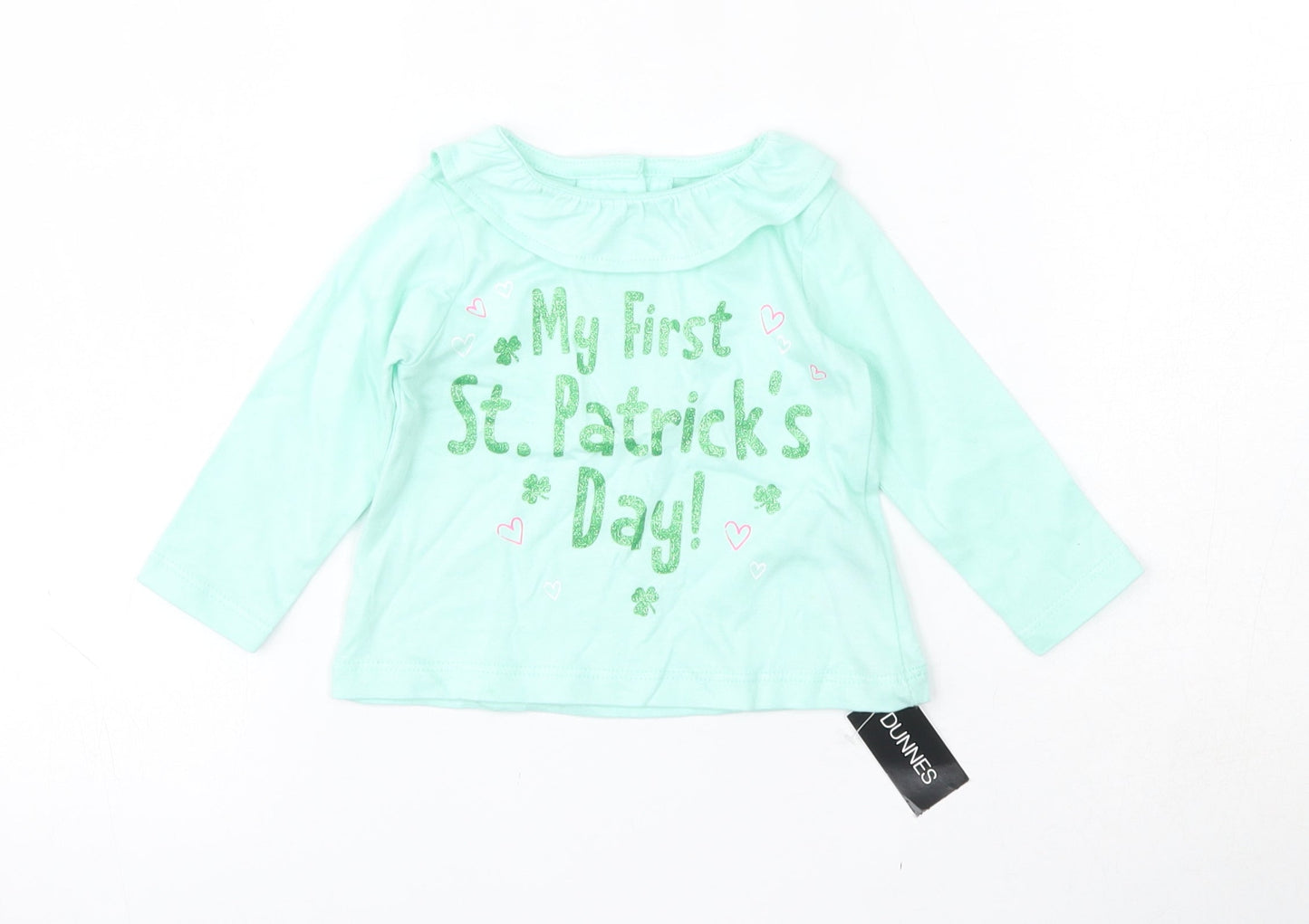 Dunnes Stores  Green  100% Cotton Basic T-Shirt Size 0-3 Months Round Neck Button - St. Patrick's day