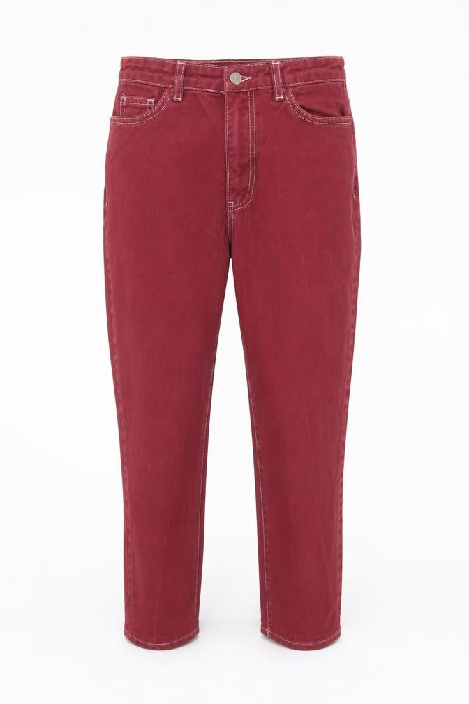 Front view of Nasty Gal women’s purple cotton tapered jeans, size UK 6, 25-inch leg regular button