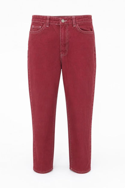 Front view of Nasty Gal women’s purple cotton tapered jeans, size UK 6, 25-inch leg regular button