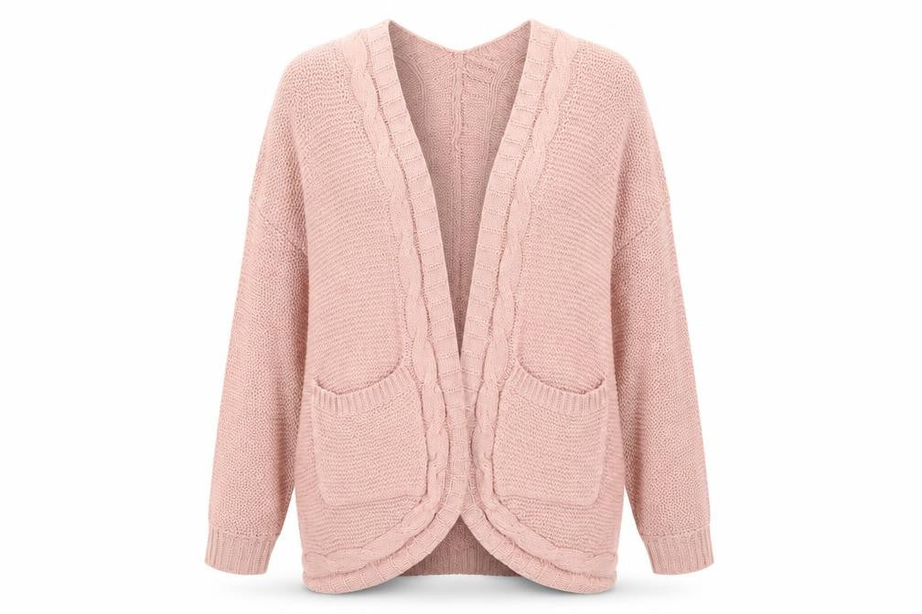 Front view of SHEIN women’s pink v-neck polyester cardigan jumper, size S