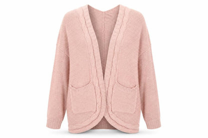 Front view of SHEIN women’s pink v-neck polyester cardigan jumper, size S