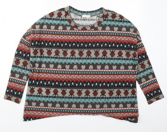 QED London Womens Brown Geometric Polyester Basic T-Shirt Size 10 Crew Neck