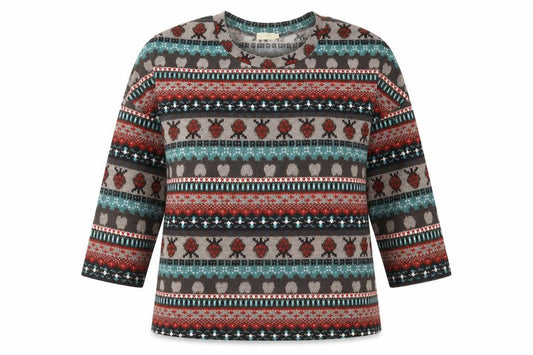 Front view of QED London women’s brown geometric polyester basic t-shirt, size UK 10, crew neck