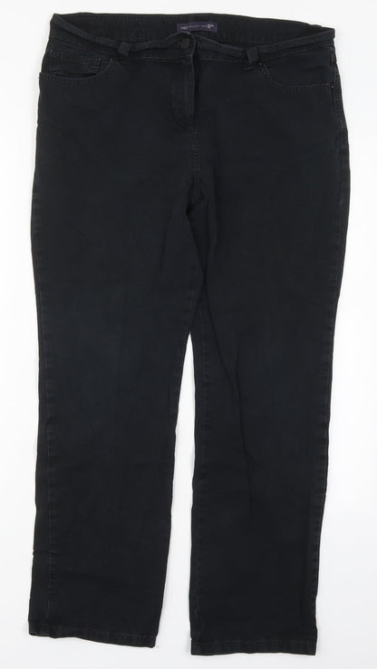 Marks and Spencer Womens Black  Cotton Trousers  Size 14 L27 in Regular Button